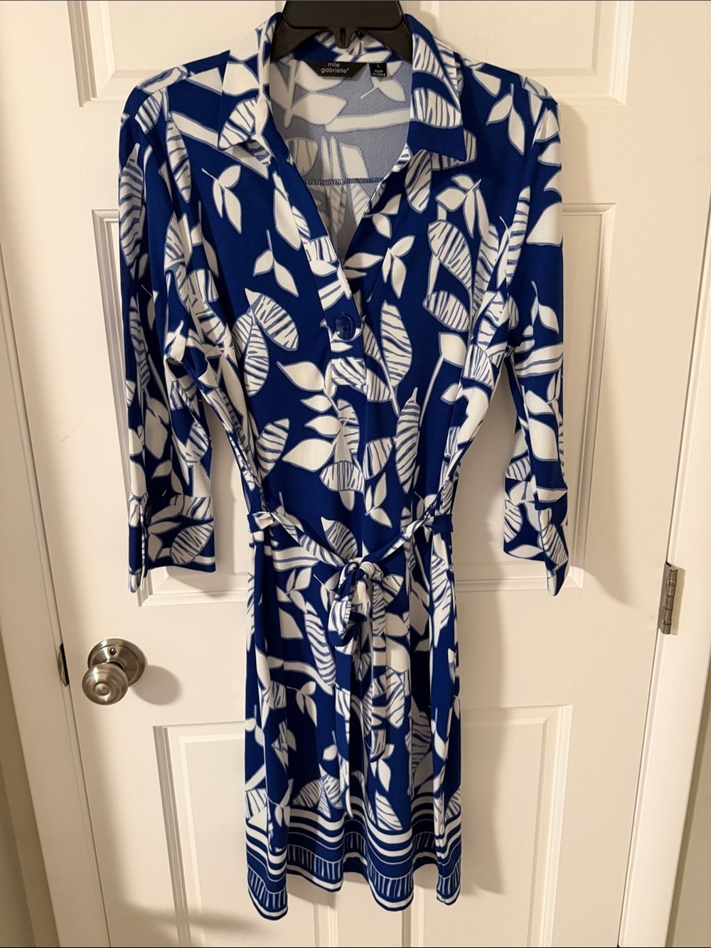 Mlle Gabrielle Royal Blue & White Leaf Print Belted Shirt Dress 3/4 Sleeve Large